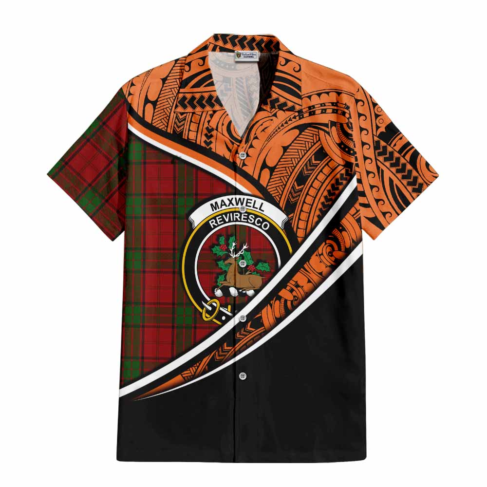 Tartan Vibes Clothing Maxwell Crest Tartan Short Sleeve Button Shirt with Maori Tattoo Style - Orange Version