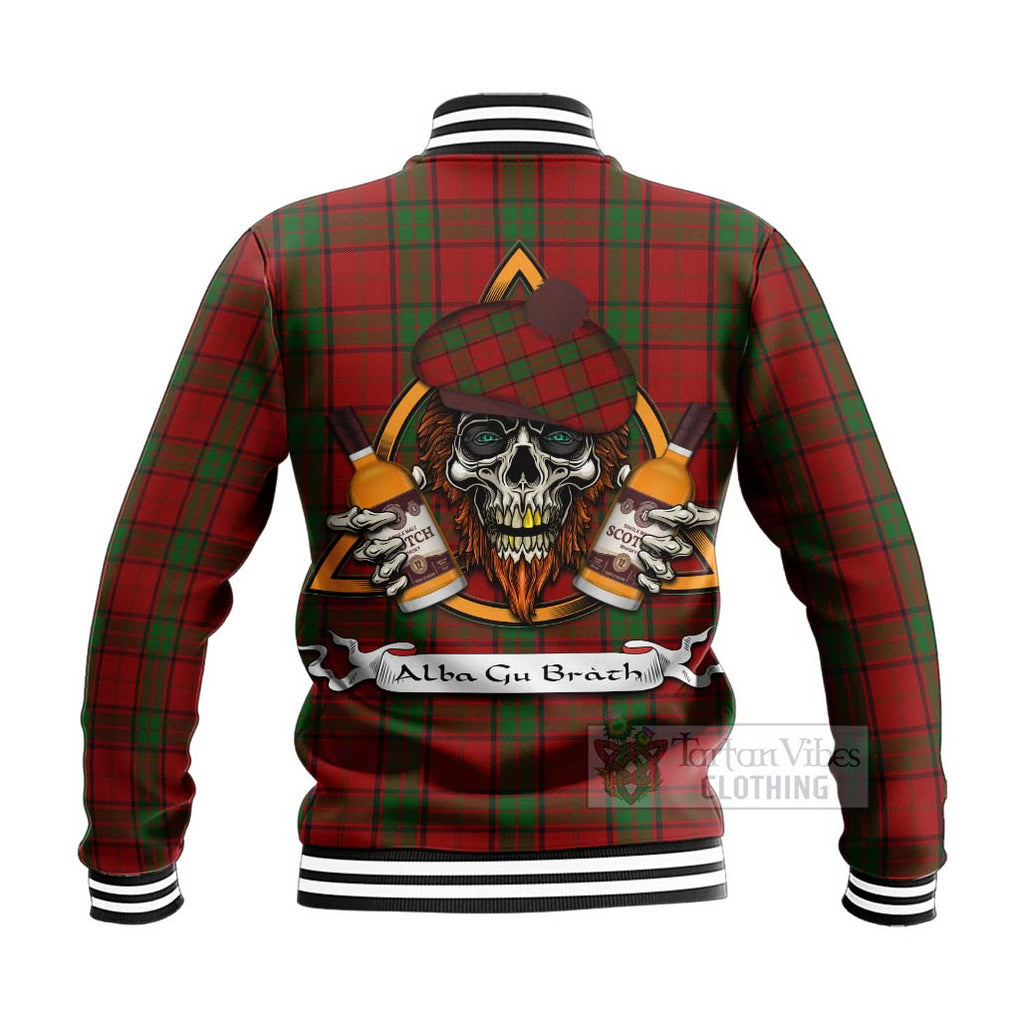 Tartan Vibes Clothing Maxwell Tartan Baseball Jacket with Family Crest and Bearded Skull Holding Bottles of Whiskey