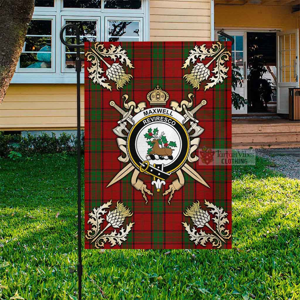 Tartan Vibes Clothing Maxwell Tartan Flag with Family Crest and Golden Thistle Crossed Sword Design