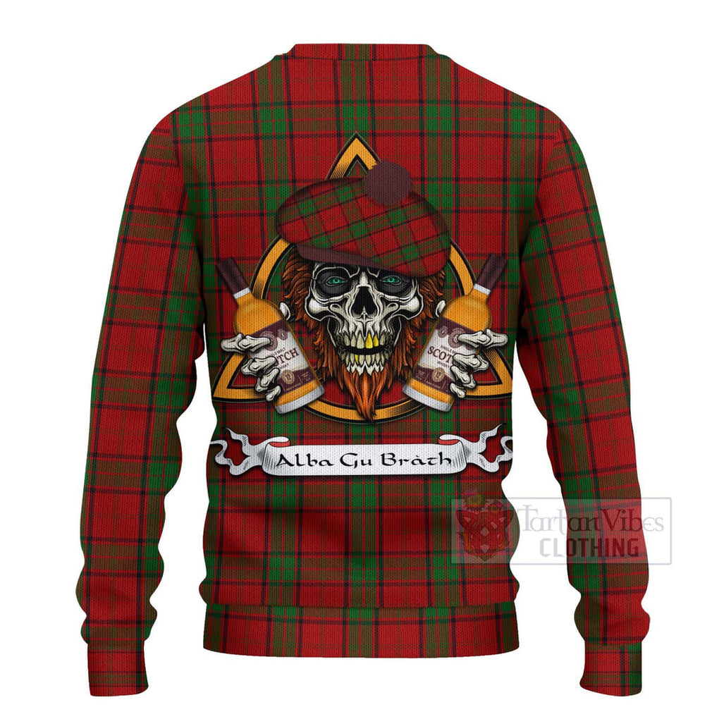 Tartan Vibes Clothing Maxwell Tartan Knitted Sweater with Family Crest and Bearded Skull Holding Bottles of Whiskey