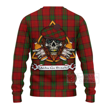 Maxwell Tartan Ugly Sweater with Family Crest and Bearded Skull Holding Bottles of Whiskey