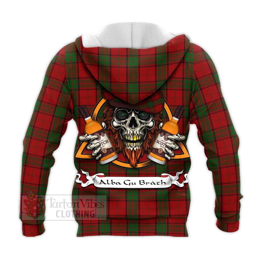 Tartan Vibes Clothing Maxwell Tartan Knitted Hoodie with Family Crest and Bearded Skull Holding Bottles of Whiskey