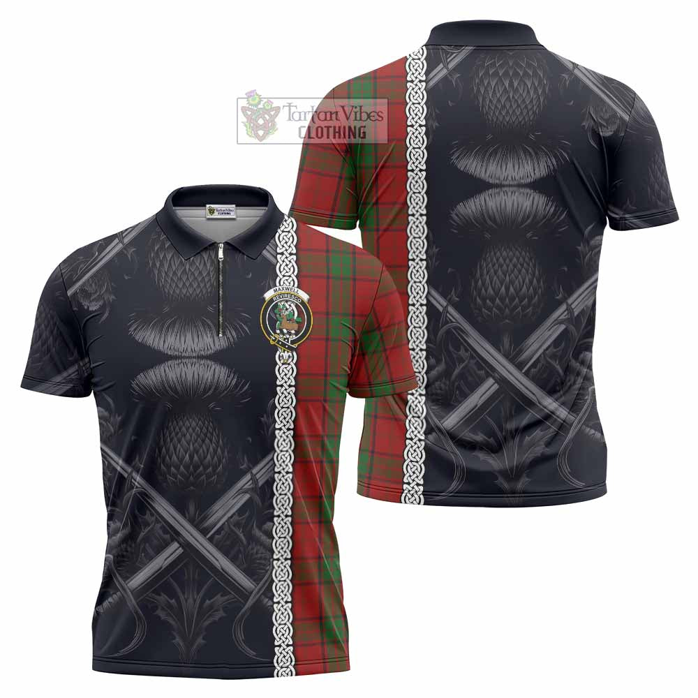 Tartan Vibes Clothing Maxwell Tartan Zipper Polo Shirt with Family Crest Cross Sword Thistle Celtic Vibes