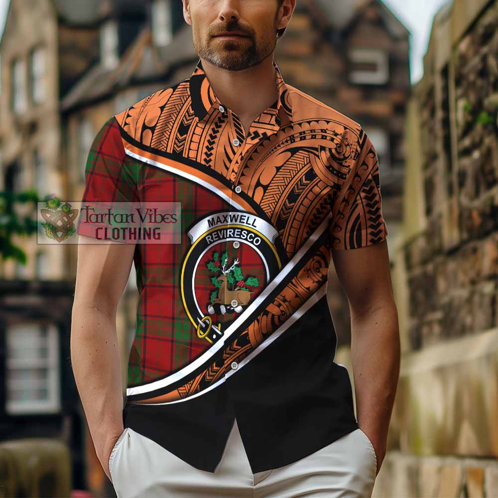 Tartan Vibes Clothing Maxwell Crest Tartan Short Sleeve Button Shirt with Maori Tattoo Style - Orange Version