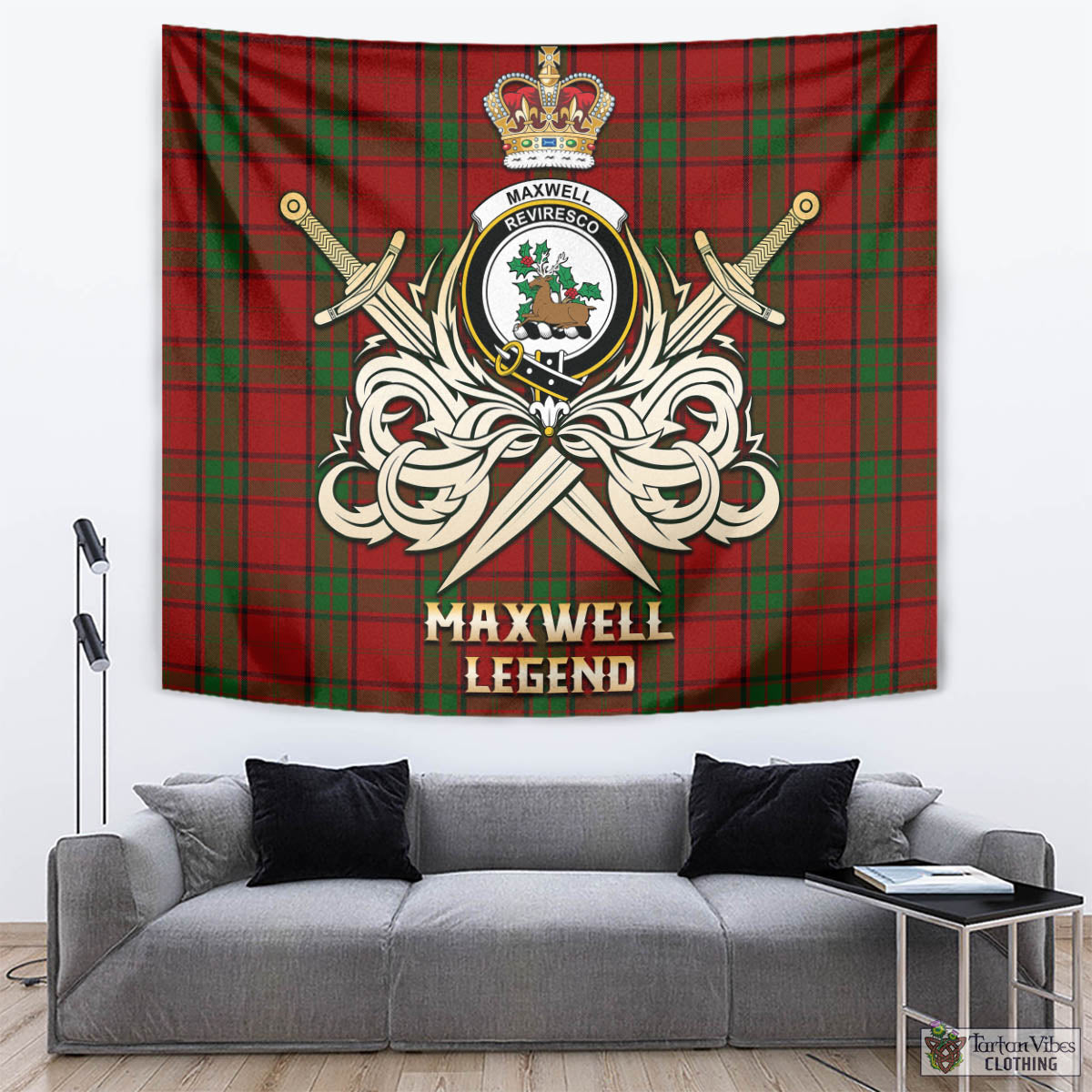 Tartan Vibes Clothing Maxwell Tartan Tapestry with Clan Crest and the Golden Sword of Courageous Legacy