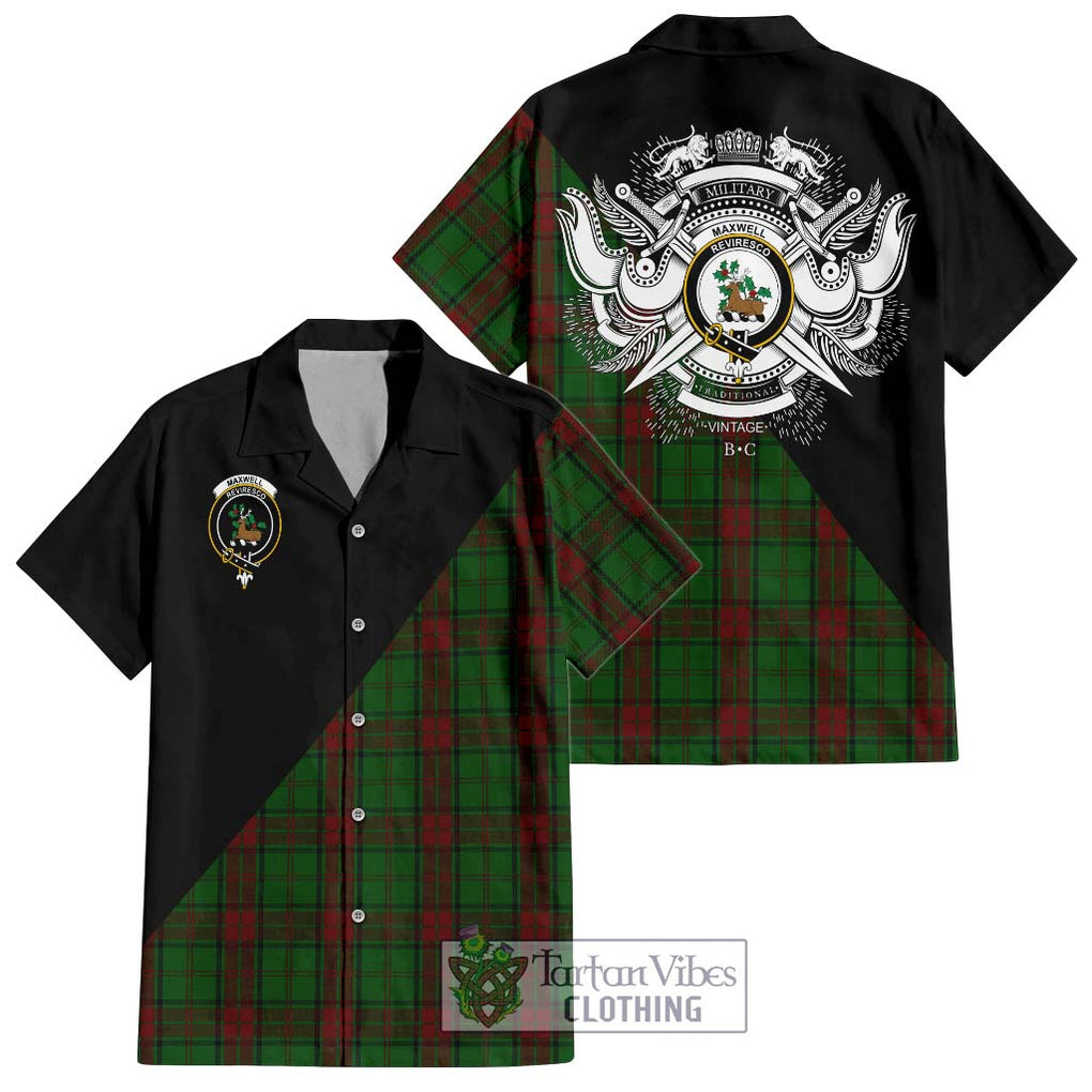 Maxwell Hunting Tartan Short Sleeve Button Shirt with Family Crest and Military Logo Style Kid - Tartanvibesclothing Shop