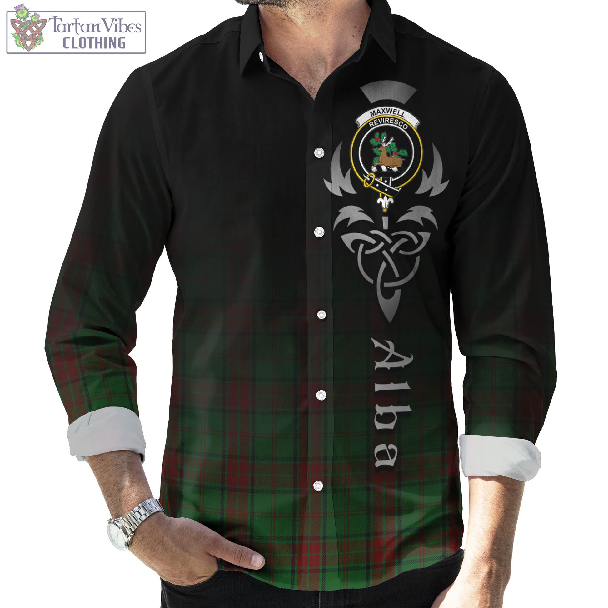 Tartan Vibes Clothing Maxwell Hunting Tartan Long Sleeve Button Up Featuring Alba Gu Brath Family Crest Celtic Inspired