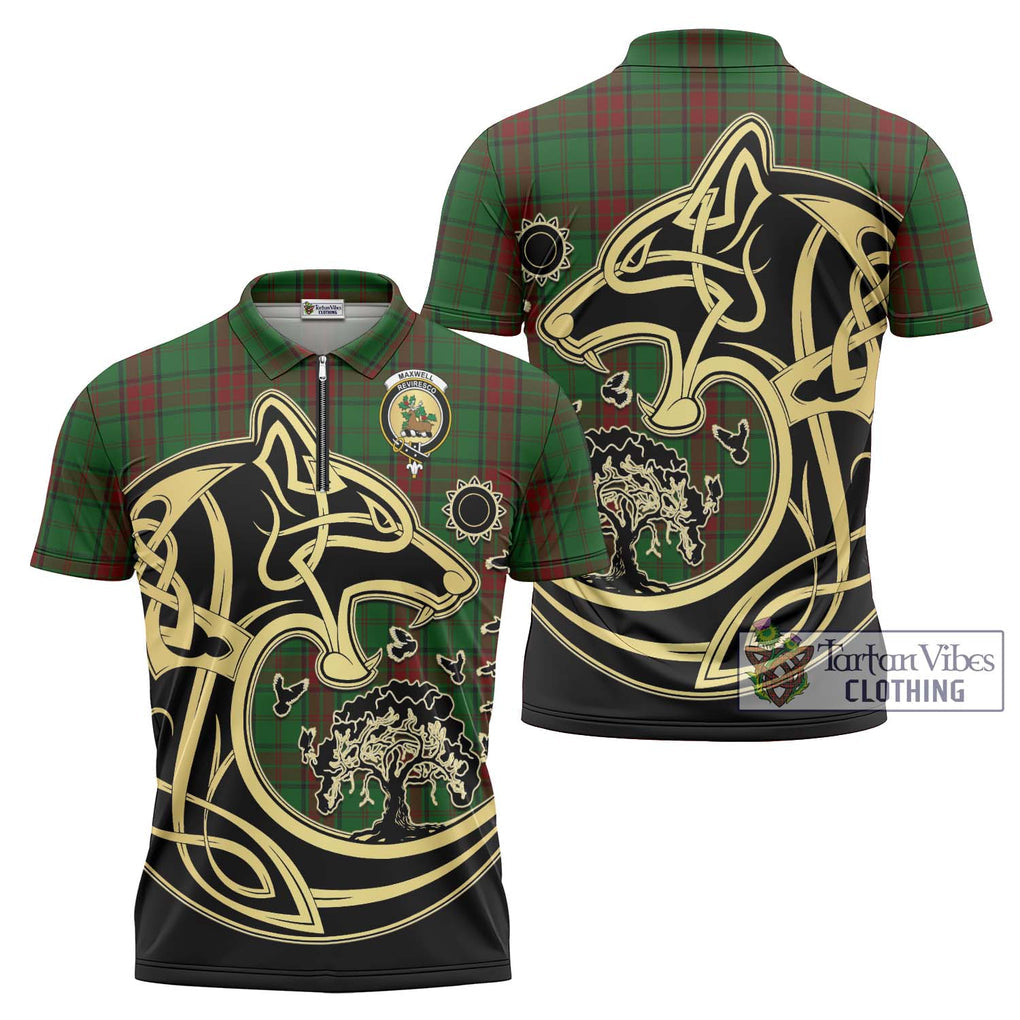 Maxwell Hunting Tartan Zipper Polo Shirt with Family Crest Celtic Wolf Style Unisex - Tartanvibesclothing Shop