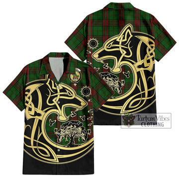 Maxwell Hunting Tartan Short Sleeve Button Shirt with Family Crest Celtic Wolf Style