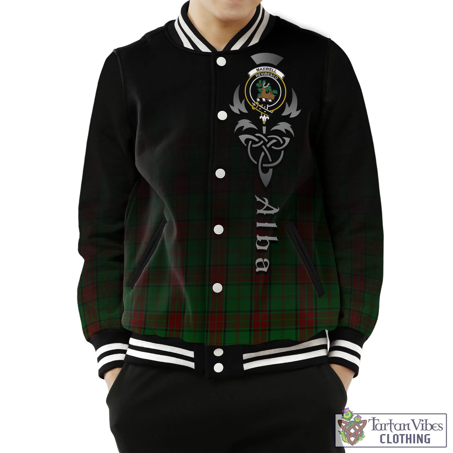 Tartan Vibes Clothing Maxwell Hunting Tartan Baseball Jacket Featuring Alba Gu Brath Family Crest Celtic Inspired