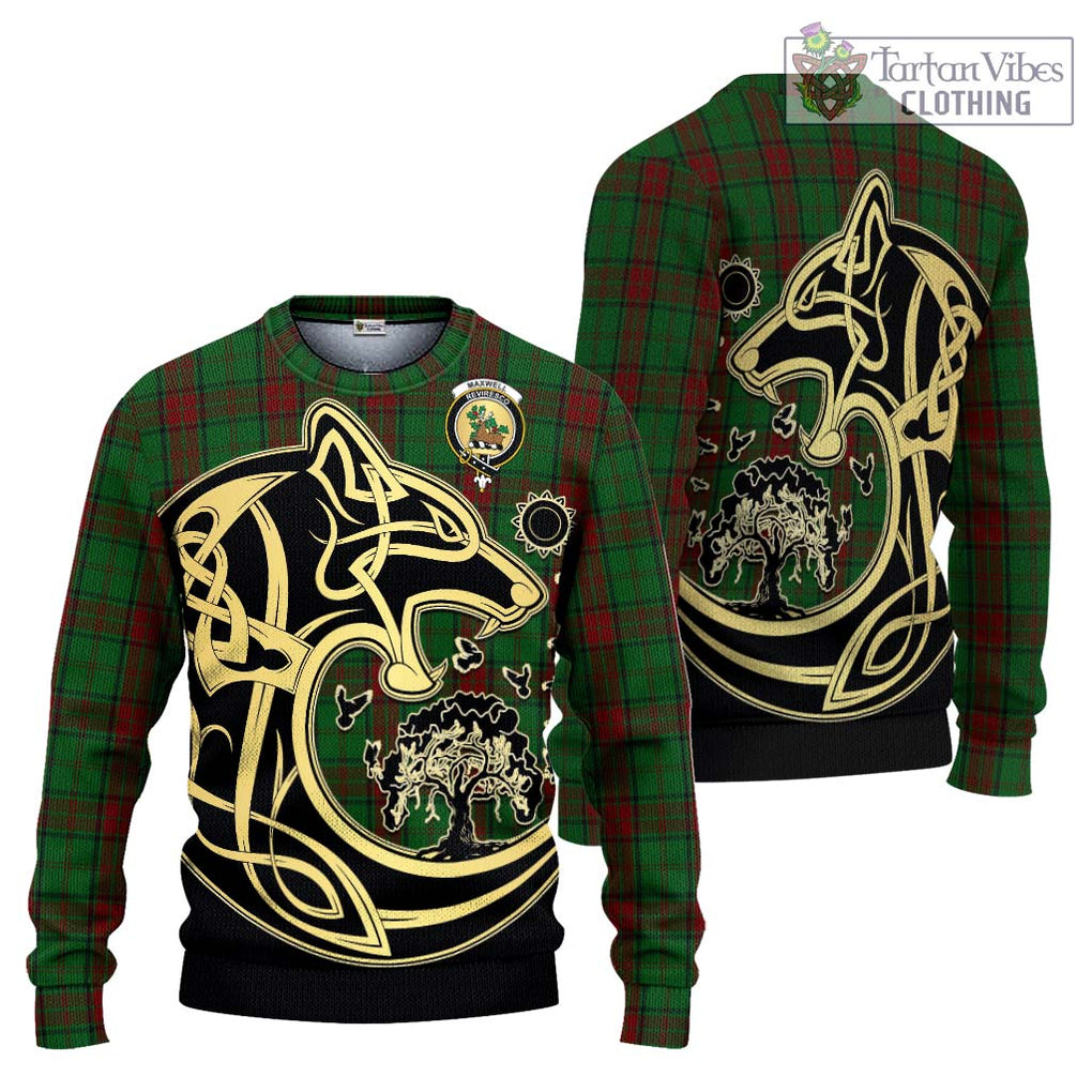 Maxwell Hunting Tartan Knitted Sweater with Family Crest Celtic Wolf Style Unisex - Tartan Vibes Clothing