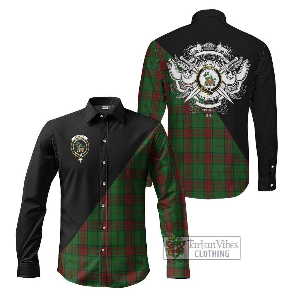 Maxwell Hunting Tartan Long Sleeve Button Shirt with Family Crest and Military Logo Style Men's Shirt S - Tartanvibesclothing Shop