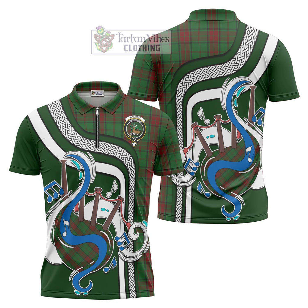 Maxwell Hunting Tartan Zipper Polo Shirt with Epic Bagpipe Style Unisex - Tartanvibesclothing Shop