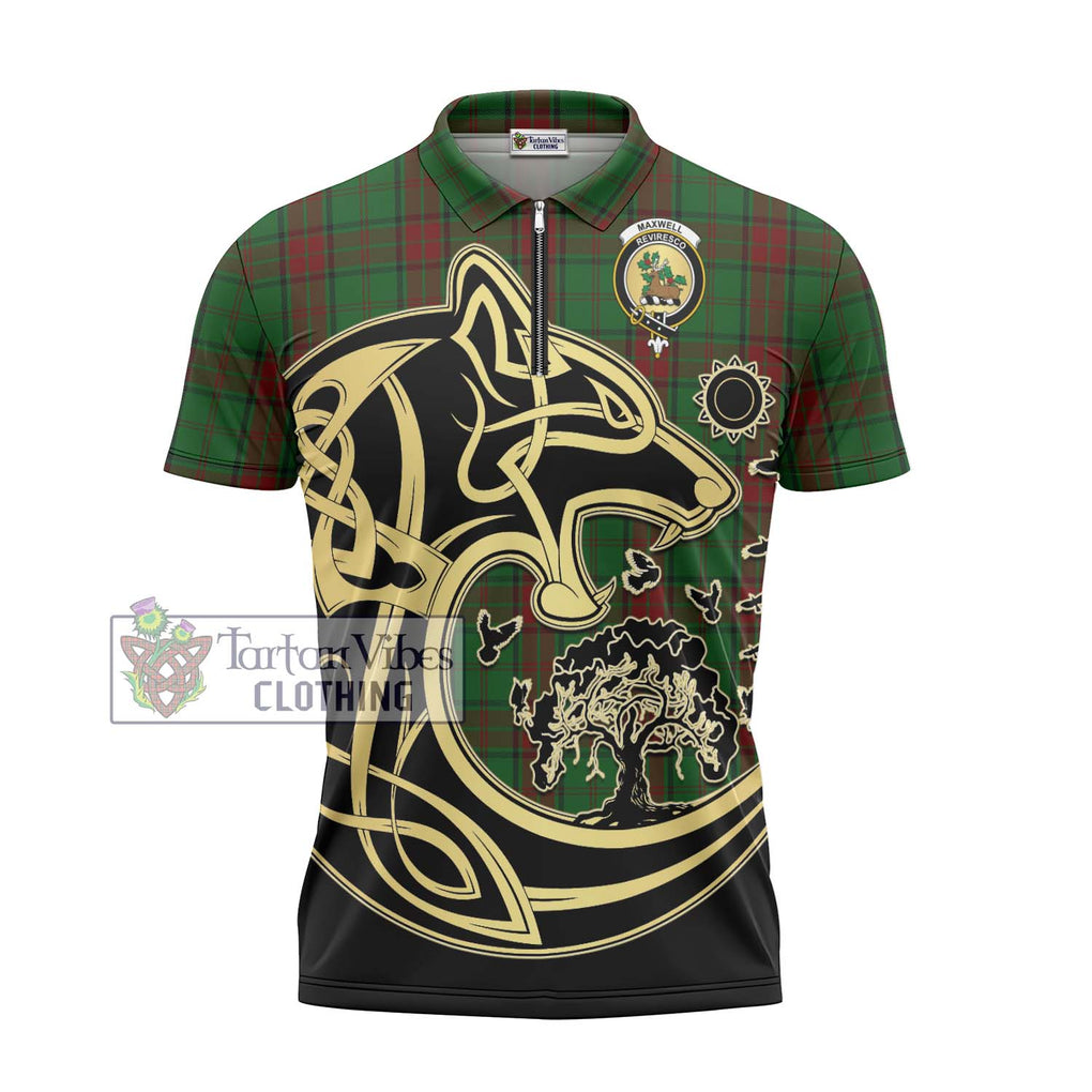 Maxwell Hunting Tartan Zipper Polo Shirt with Family Crest Celtic Wolf Style - Tartanvibesclothing Shop