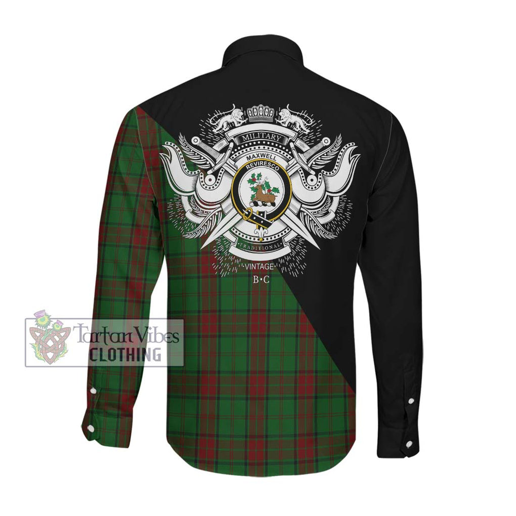 Maxwell Hunting Tartan Long Sleeve Button Shirt with Family Crest and Military Logo Style Men's Shirt - Tartanvibesclothing Shop