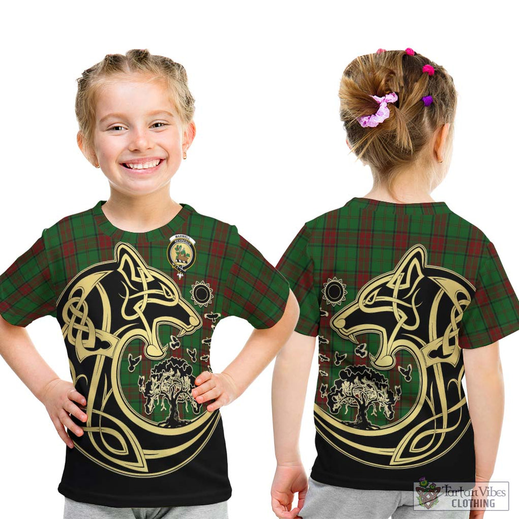 Maxwell Hunting Tartan Kid T-Shirt with Family Crest Celtic Wolf Style - Tartan Vibes Clothing