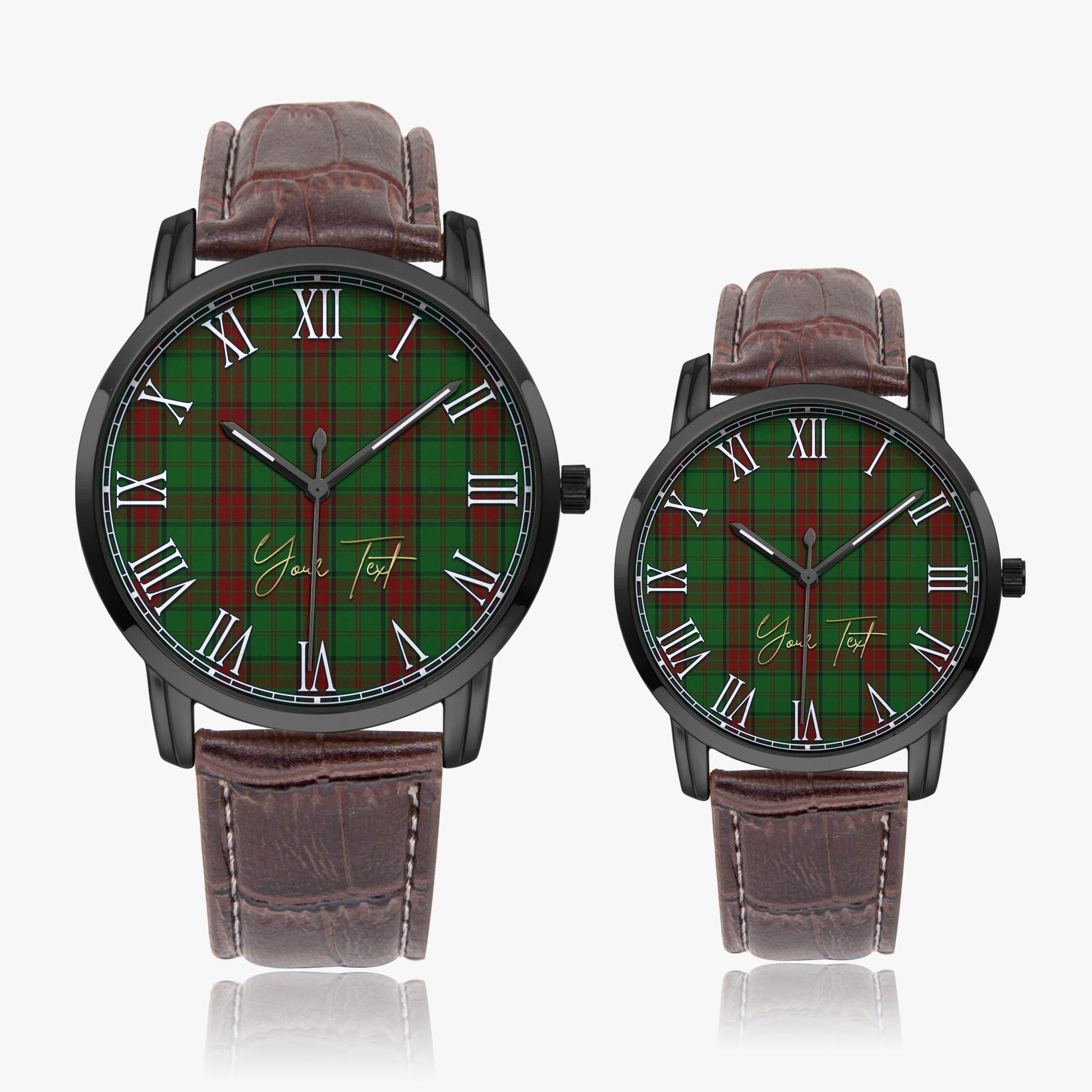 Maxwell Hunting Tartan Personalized Your Text Leather Trap Quartz Watch Wide Type Black Case With Brown Leather Strap - Tartanvibesclothing