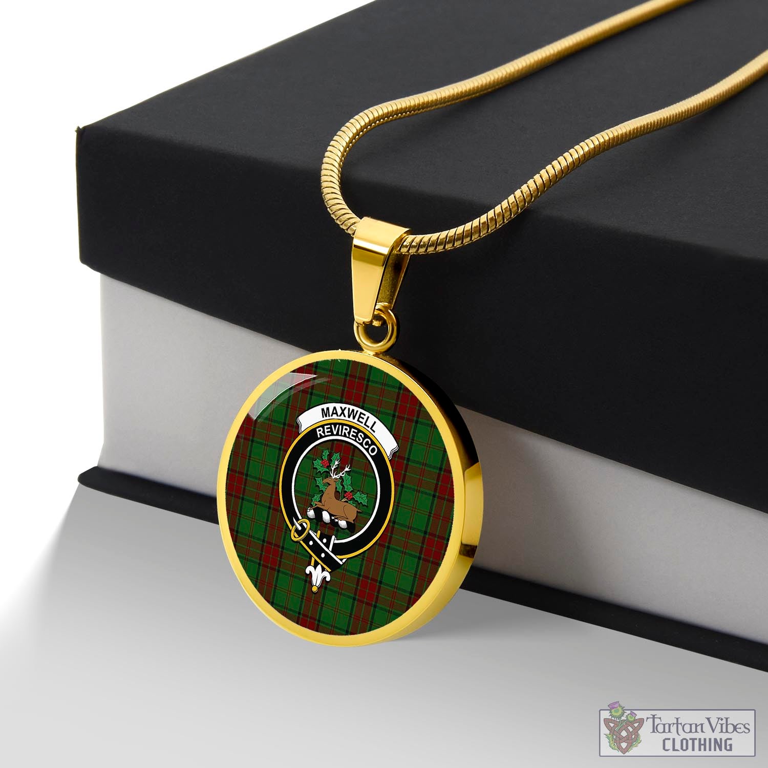 Tartan Vibes Clothing Maxwell Hunting Tartan Circle Necklace with Family Crest