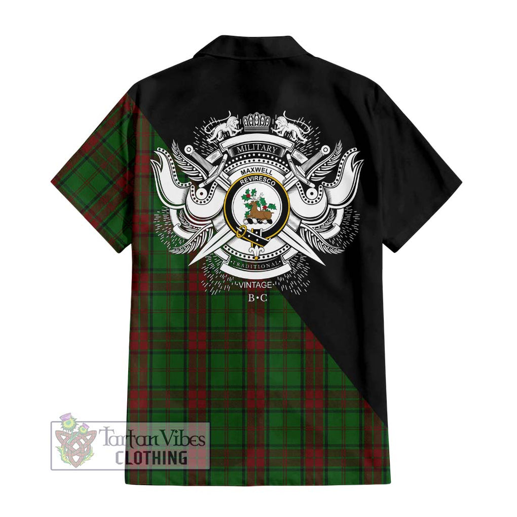 Maxwell Hunting Tartan Short Sleeve Button Shirt with Family Crest and Military Logo Style - Tartanvibesclothing Shop