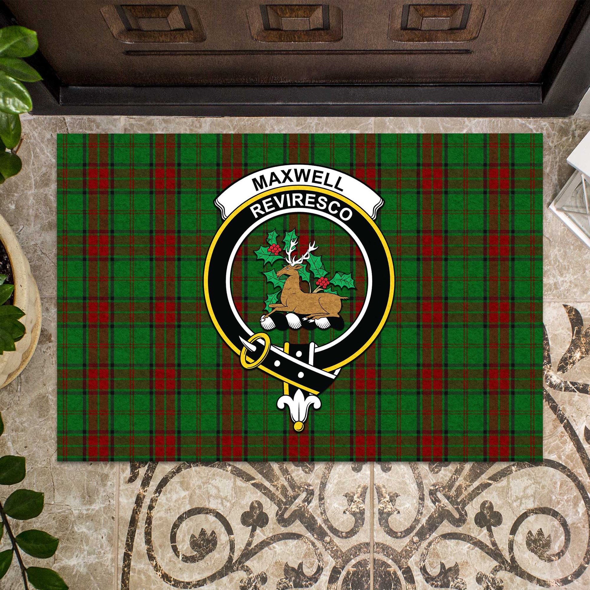 Maxwell Hunting Tartan Door Mat with Family Crest - Tartanvibesclothing