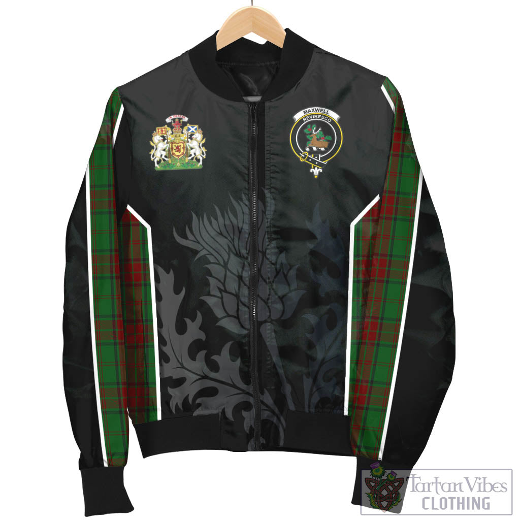 Tartan Vibes Clothing Maxwell Hunting Tartan Bomber Jacket with Family Crest and Scottish Thistle Vibes Sport Style