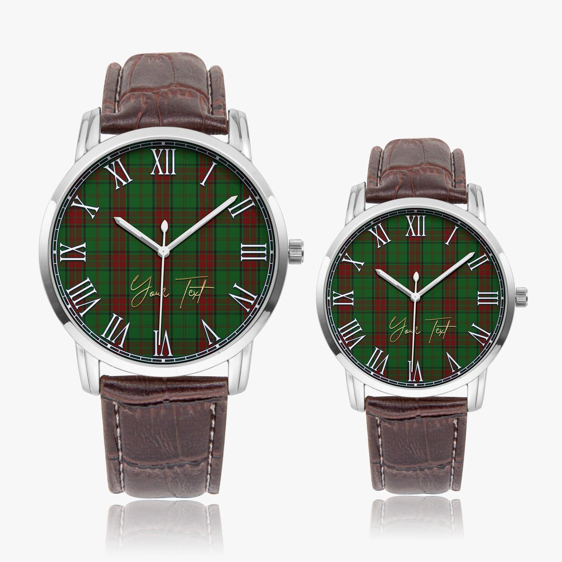 Maxwell Hunting Tartan Personalized Your Text Leather Trap Quartz Watch Wide Type Silver Case With Brown Leather Strap - Tartanvibesclothing