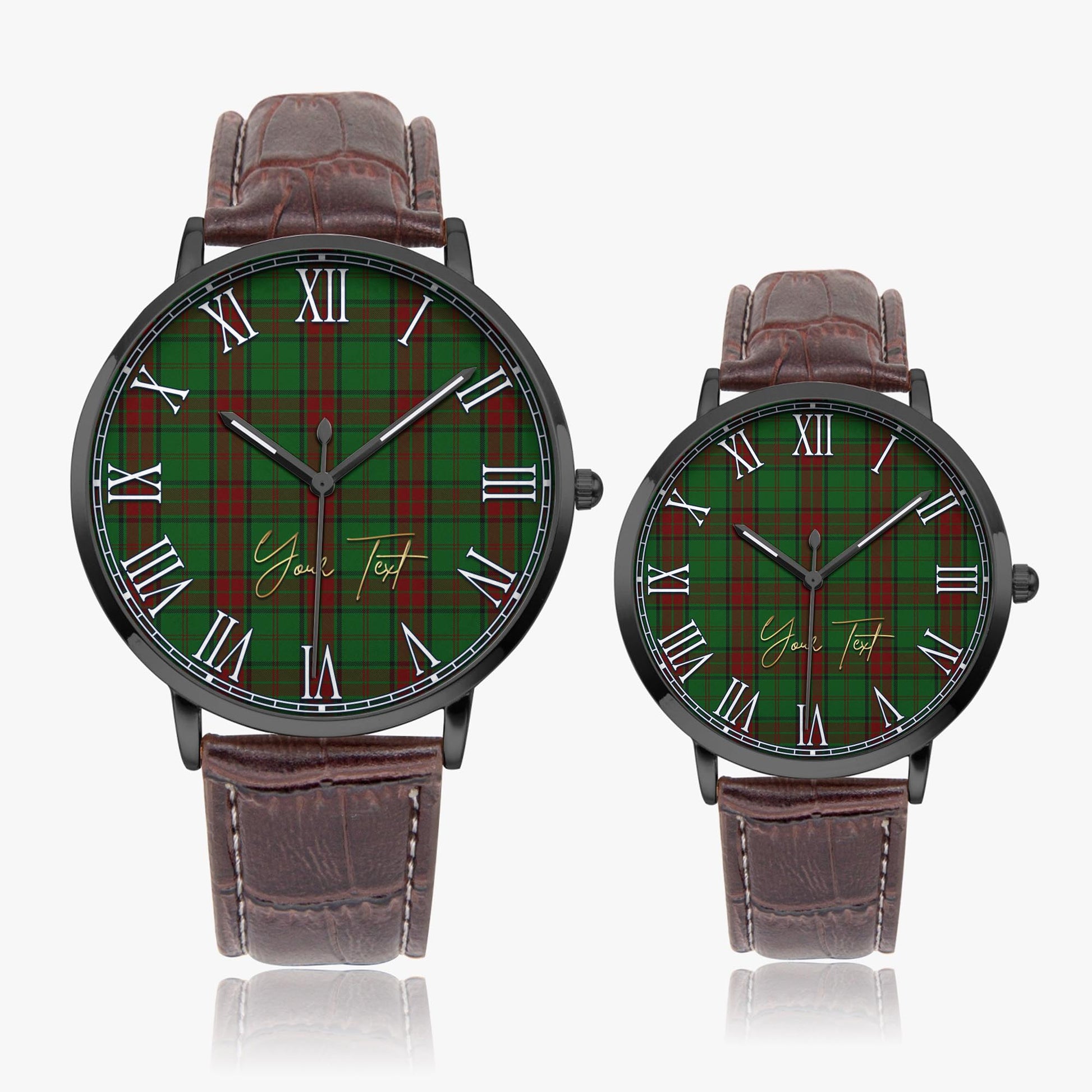 Maxwell Hunting Tartan Personalized Your Text Leather Trap Quartz Watch Ultra Thin Black Case With Brown Leather Strap - Tartanvibesclothing