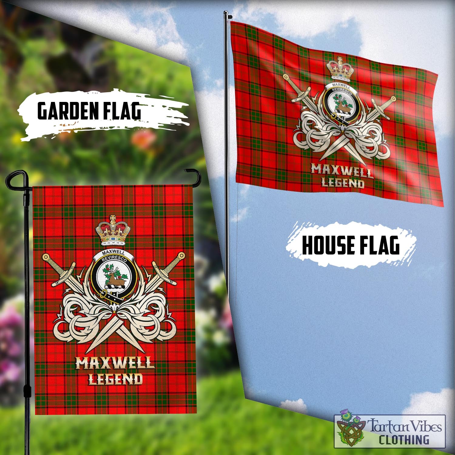 Tartan Vibes Clothing Maxwell Modern Tartan Flag with Clan Crest and the Golden Sword of Courageous Legacy