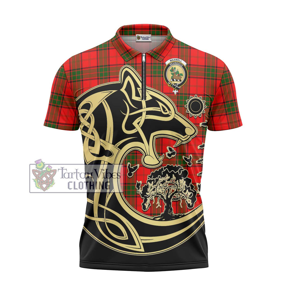 Maxwell Modern Tartan Zipper Polo Shirt with Family Crest Celtic Wolf Style - Tartanvibesclothing Shop