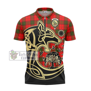 Maxwell Modern Tartan Zipper Polo Shirt with Family Crest Celtic Wolf Style