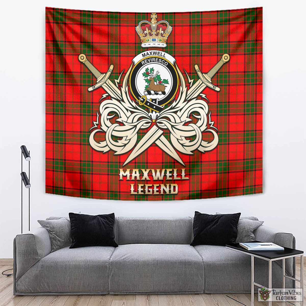 Tartan Vibes Clothing Maxwell Modern Tartan Tapestry with Clan Crest and the Golden Sword of Courageous Legacy