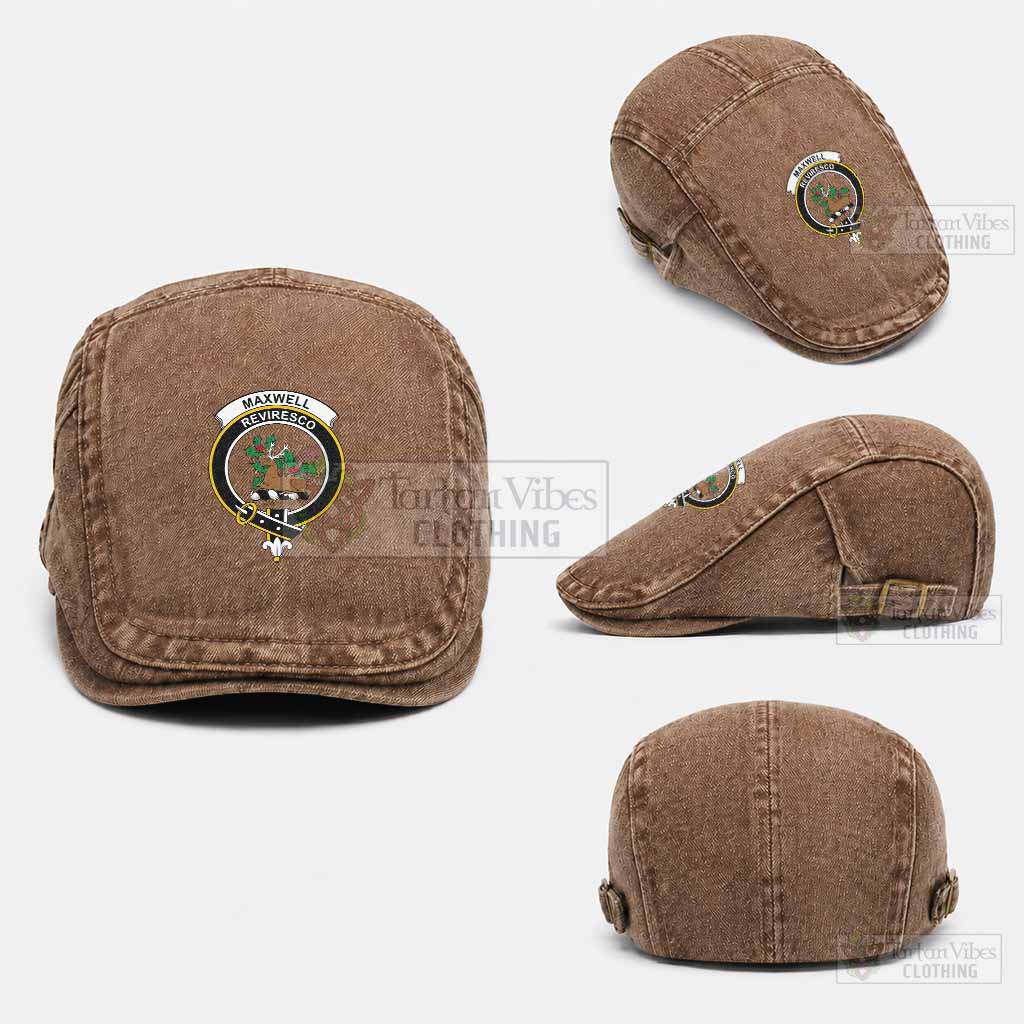Maxwell Scottish Clan Crest Washed Flat Cap - Unisex Jeff Cap One Size (Adjustable) Coffee - Tartan Vibes Clothing