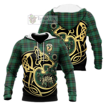 McAlpin Ancient Tartan Knitted Hoodie with Family Crest Celtic Wolf Style