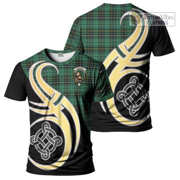 McAlpin Ancient Tartan T-Shirt with Family Crest and Celtic Symbol Style