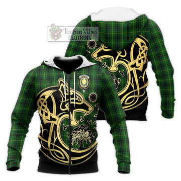 McArthur Tartan Knitted Hoodie with Family Crest Celtic Wolf Style