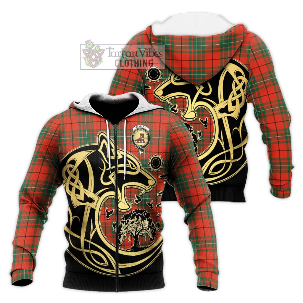 Tartan Vibes Clothing McAulay Ancient Tartan Knitted Hoodie with Family Crest Celtic Wolf Style