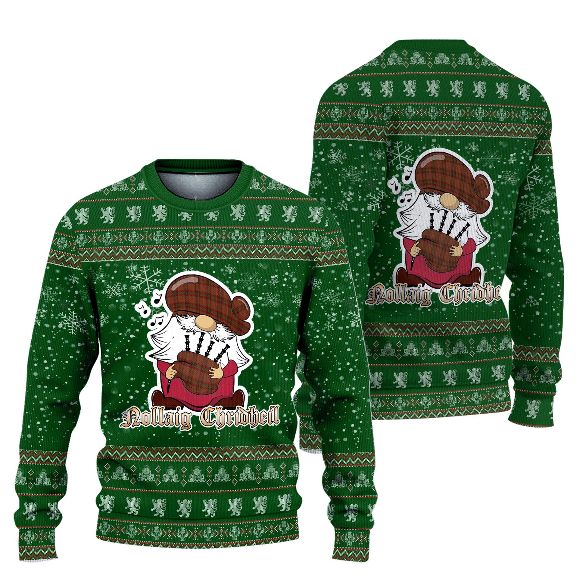 McBrayer Clan Christmas Family Knitted Sweater with Funny Gnome Playing Bagpipes Unisex Green - Tartanvibesclothing