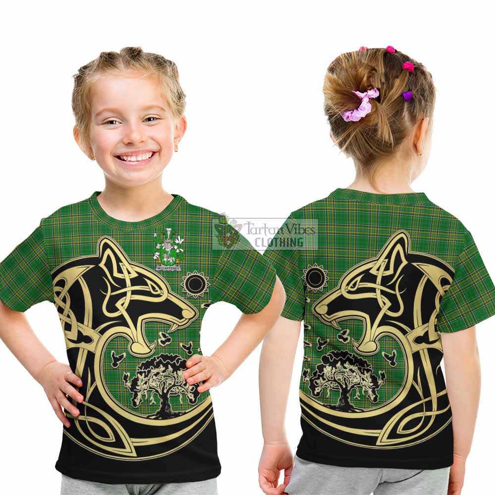 Tartan Vibes Clothing McCafferey Irish Tartan Kid T-Shirt with Coat of Arms Celtic Wolf Style