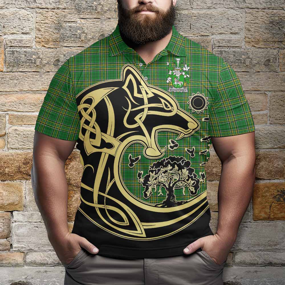 Tartan Vibes Clothing McCafferey Irish Tartan Polo Shirt with Coat of Arms Celtic Wolf Style