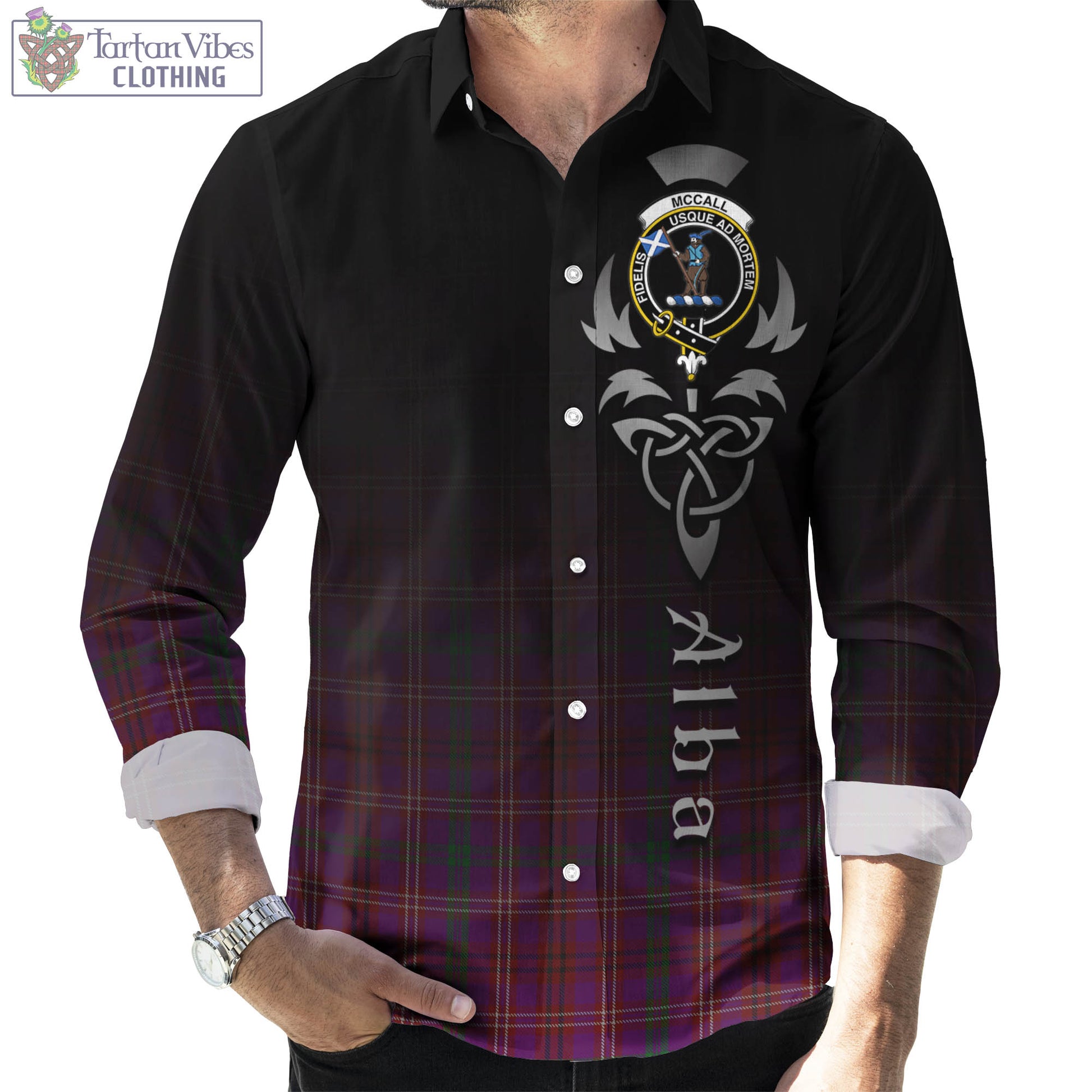 Tartan Vibes Clothing McCall (Caithness) Tartan Long Sleeve Button Up Featuring Alba Gu Brath Family Crest Celtic Inspired