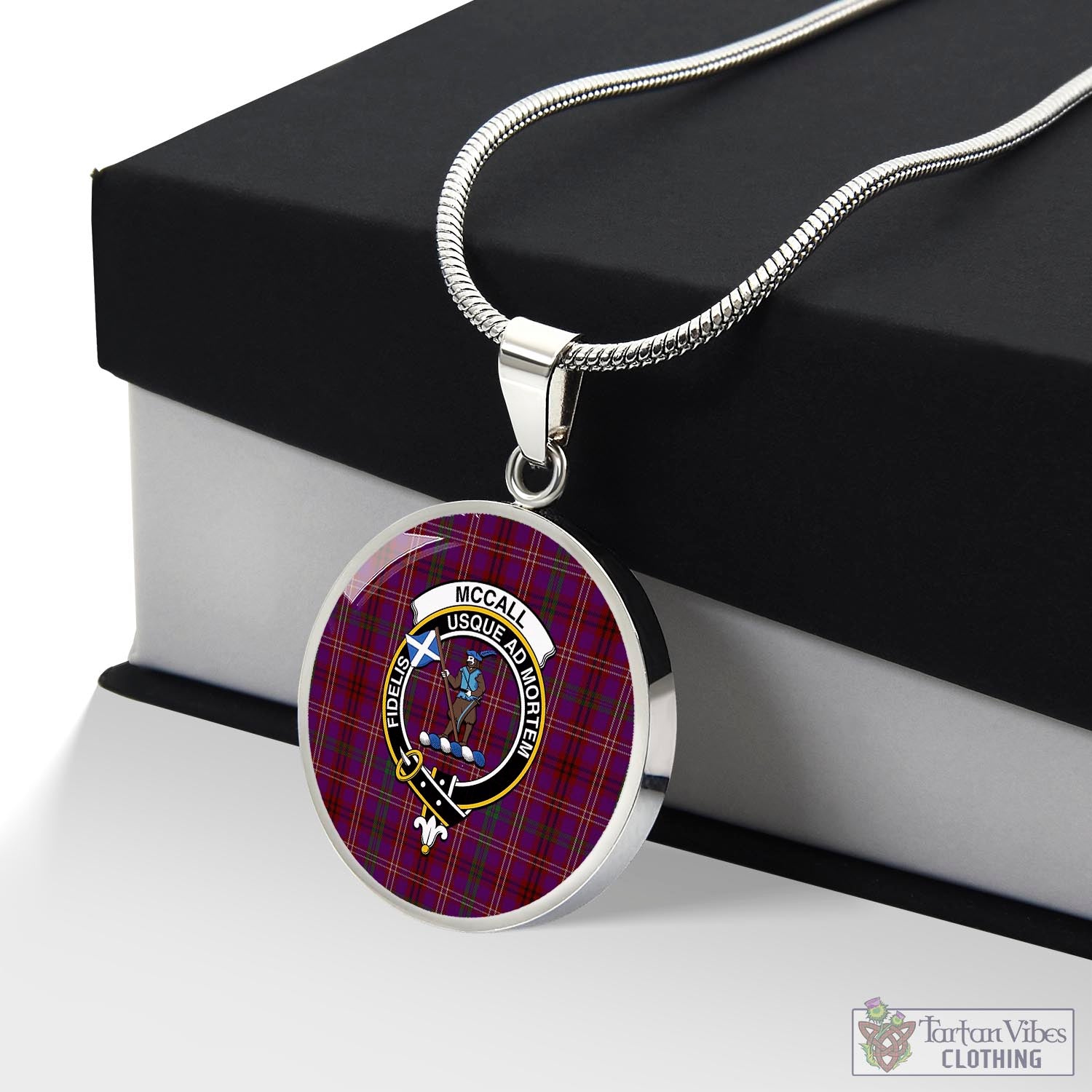 Tartan Vibes Clothing McCall (Caithness) Tartan Circle Necklace with Family Crest