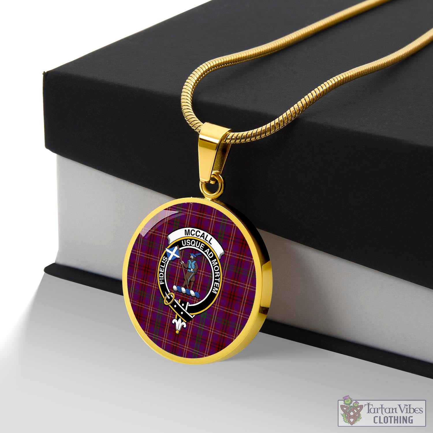 Tartan Vibes Clothing McCall (Caithness) Tartan Circle Necklace with Family Crest