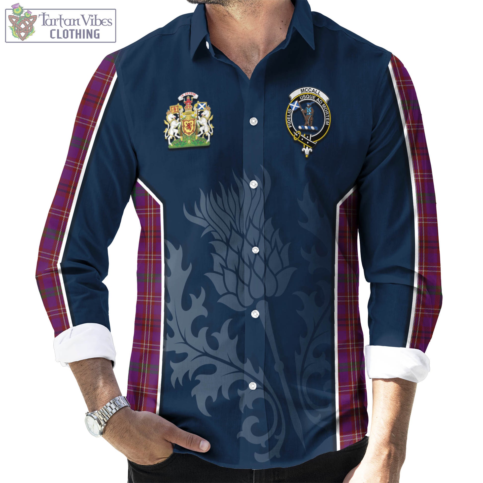 Tartan Vibes Clothing McCall (Caithness) Tartan Long Sleeve Button Up Shirt with Family Crest and Scottish Thistle Vibes Sport Style