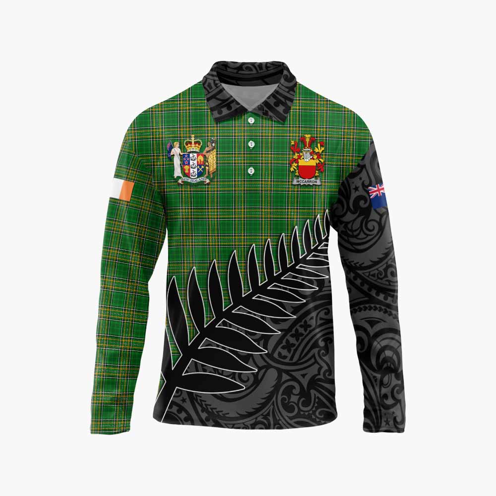 Tartan Vibes Clothing McCarron Irish Clan Tartan Long Sleeve Polo Shirt with Coat of Arms New Zealand Silver Fern Half Style