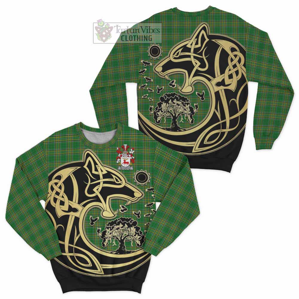 McCarthy Irish Tartan Sweatshirt with Coat of Arms Celtic Wolf Style - Tartan Vibes Clothing