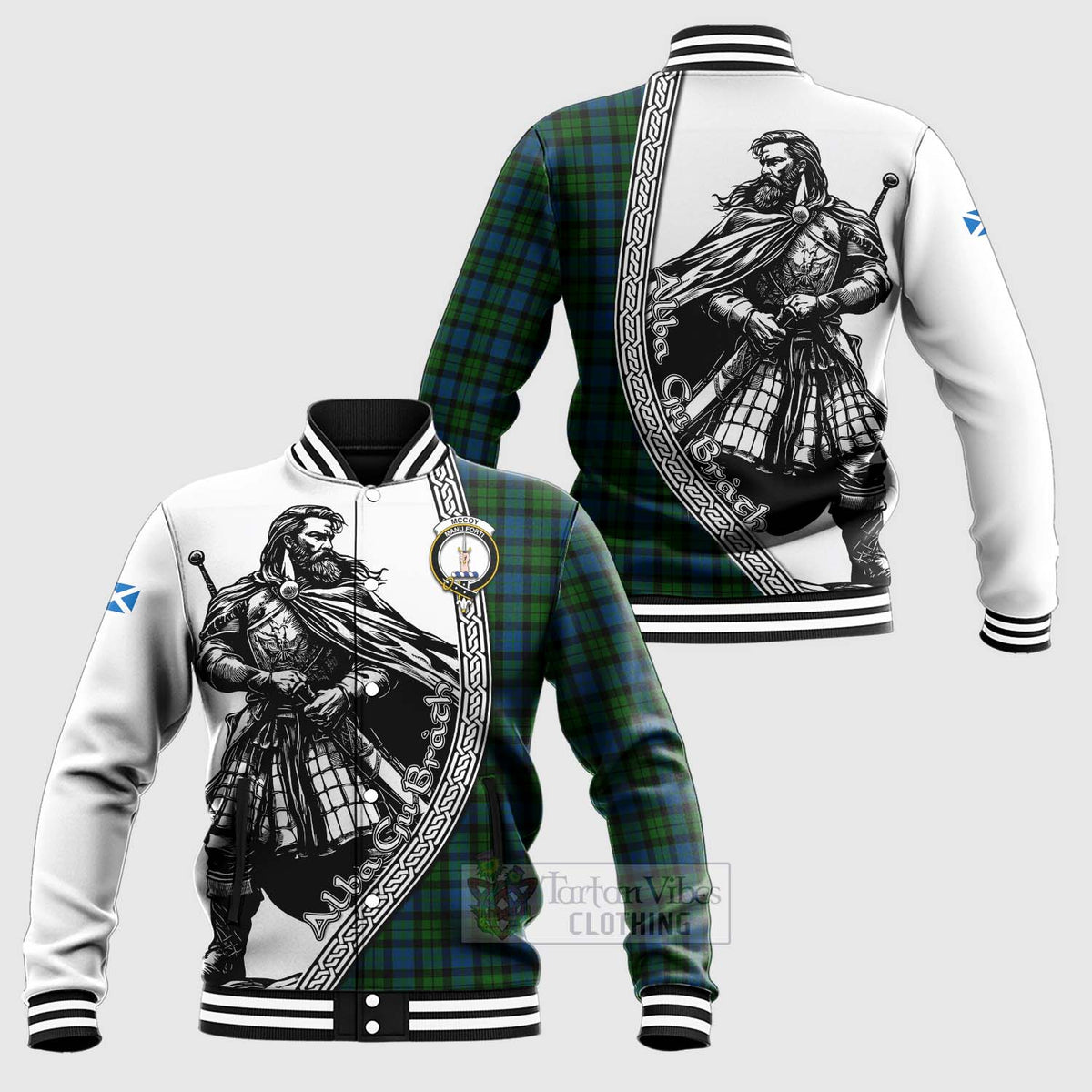 McCoy Tartan Clan Crest Baseball Jacket with Highlander Warrior Celtic Style Unisex - Tartan Vibes Clothing