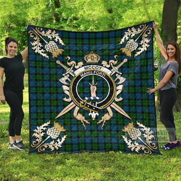 McCoy Tartan Quilt with Family Crest and Golden Thistle Crossed Sword Design