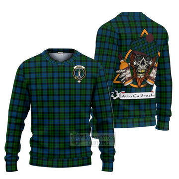 McCoy Tartan Ugly Sweater with Family Crest and Bearded Skull Holding Bottles of Whiskey