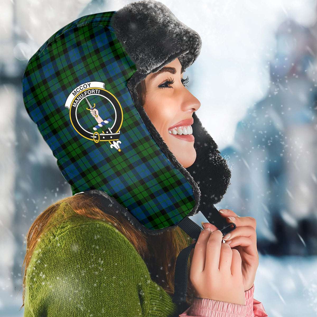 McCoy Tartan Winter Trapper Hat with Family Crest Winter Trapper Hat Universal Fit Circumference 22.8in (58cm) - Tartan Vibes Clothing
