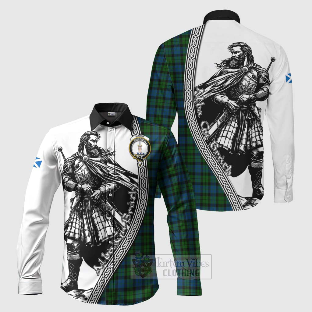 Tartan Vibes Clothing McCoy Tartan Clan Crest Long Sleeve Button Shirt with Highlander Warrior Celtic Style